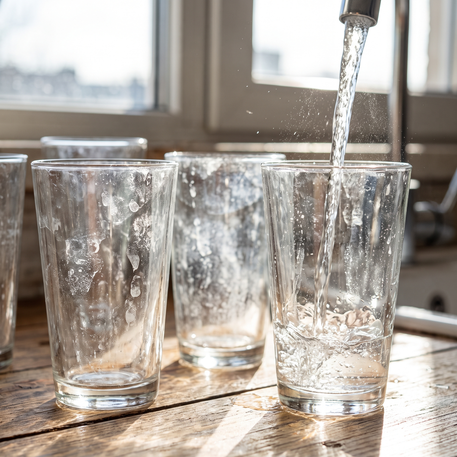Drinking glasses covered in cloudy white hard-water spots and mineral film