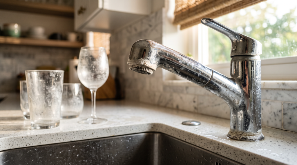 Chrome kitchen faucet with chalky white limescale next to glasses clouded with hard-water spots