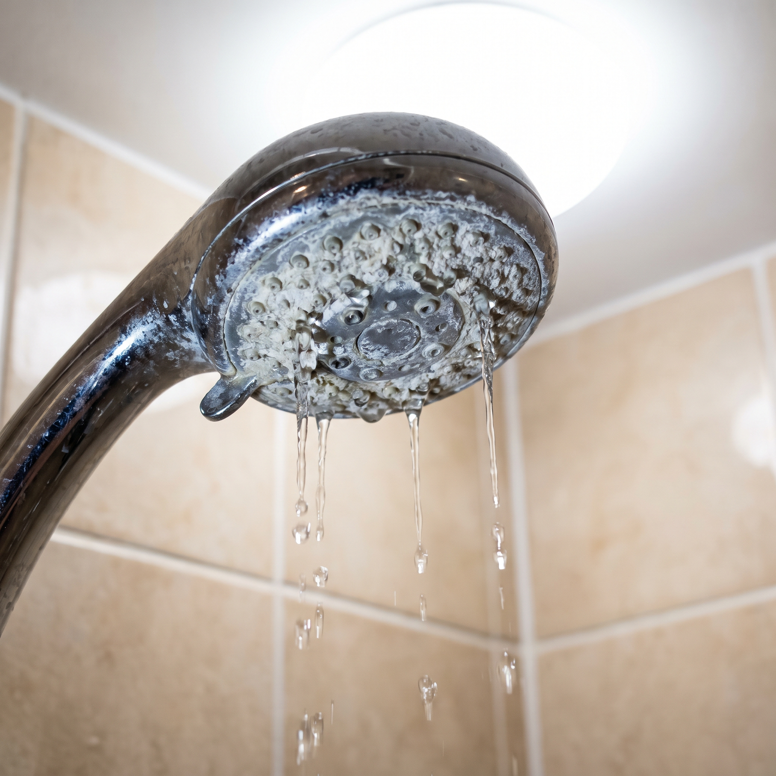 Chrome showerhead crusted with white mineral limescale spraying weak uneven streams