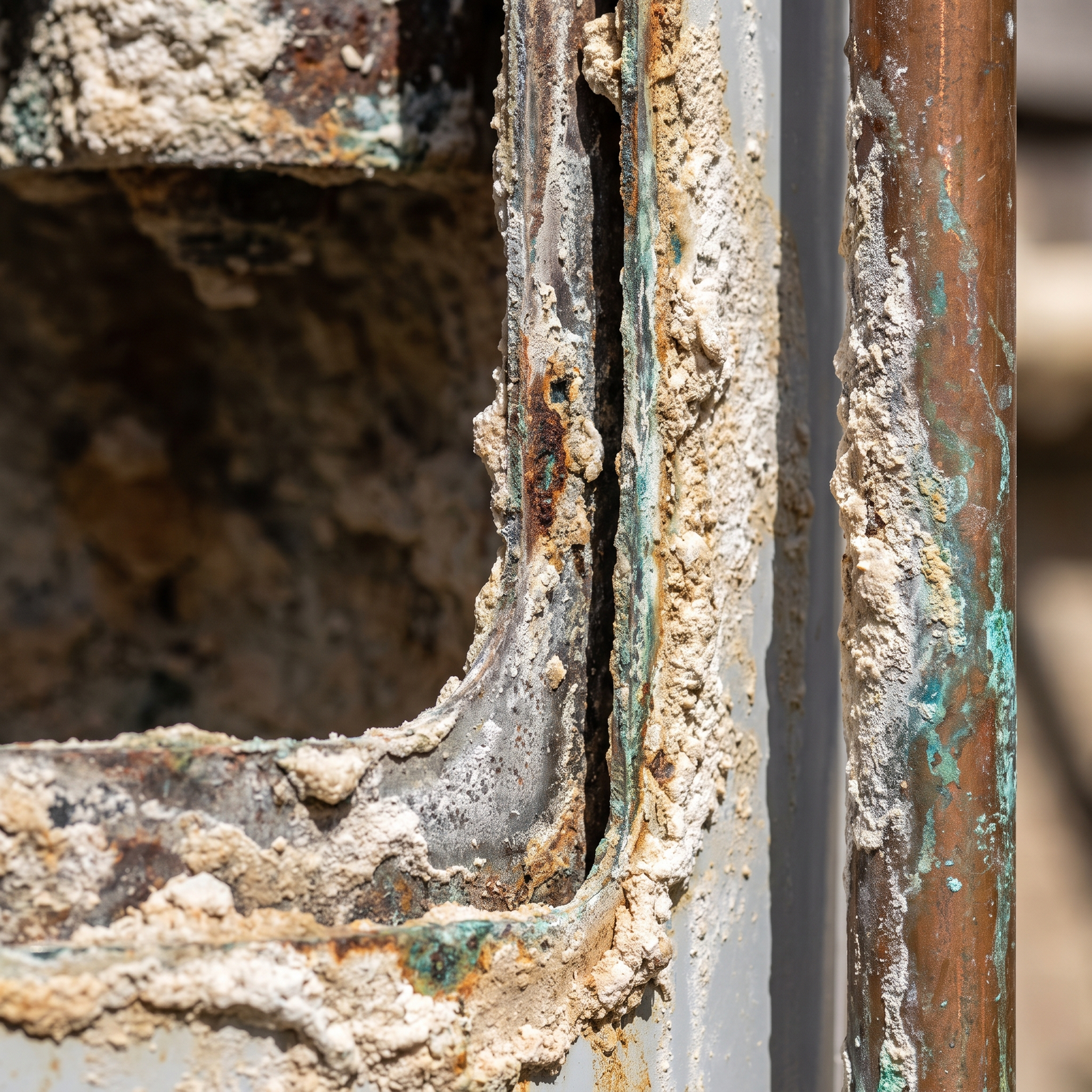 Cutaway water heater and copper pipe heavily encrusted with limescale and calcium scale