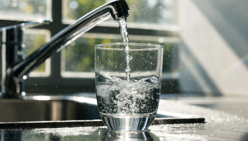 A glass of crystal-clear water being filled from a modern kitchen tap in a bright kitchen
