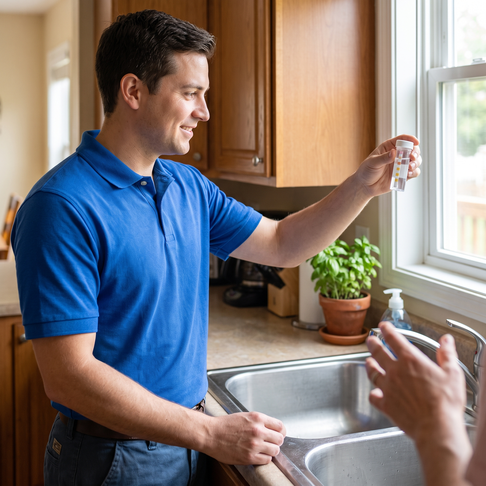 Professional water technician testing home tap water with a test kit at a kitchen sink