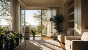 Bright, airy Florida living room with fresh clean air, sunlight and houseplants