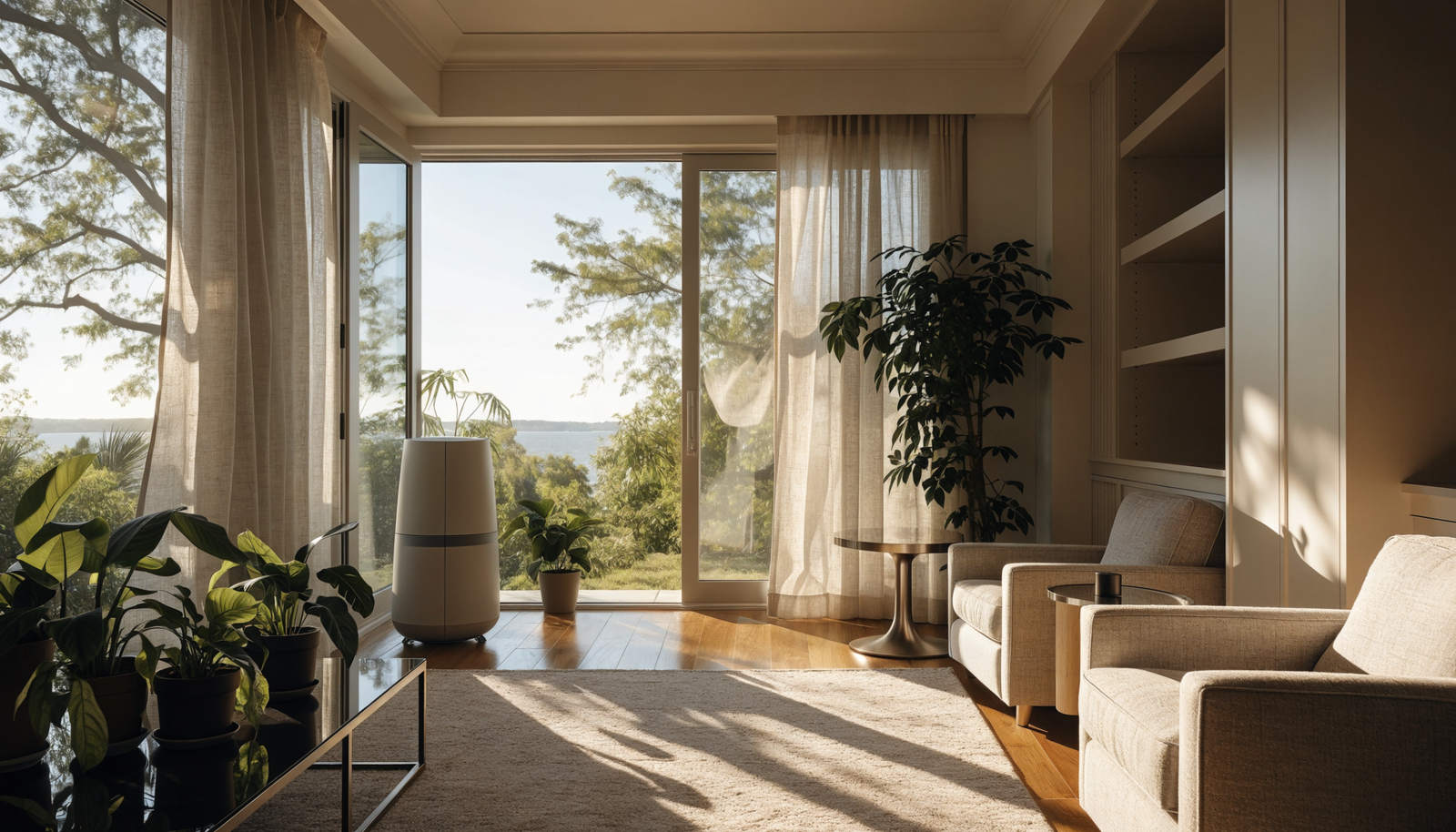Bright, airy Florida living room with fresh clean air, sunlight and houseplants